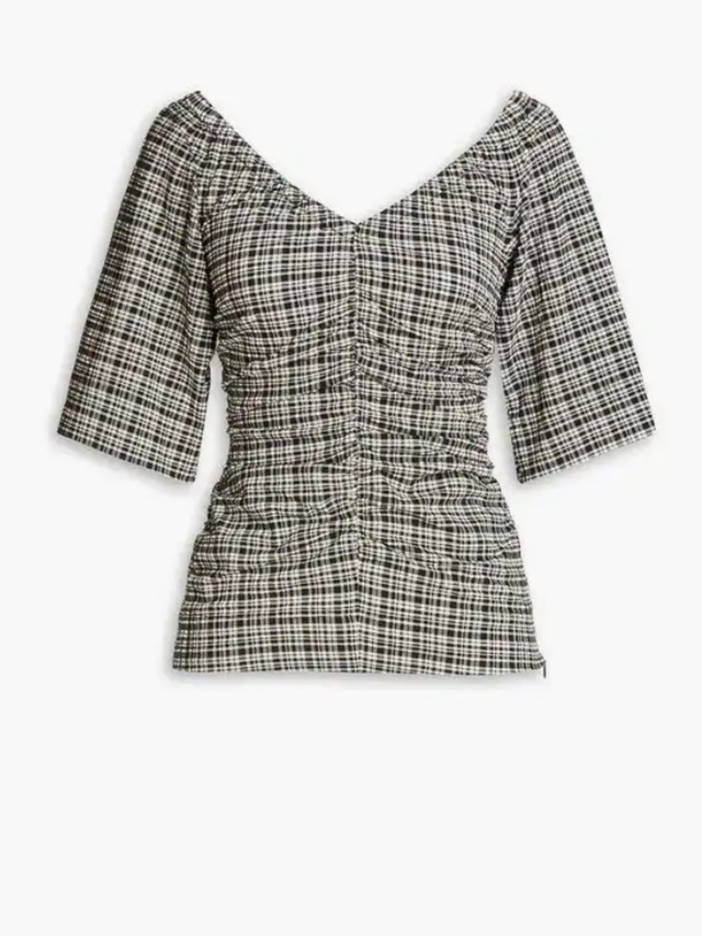 Ganni Black & White Ruched Checked Seersucker Top